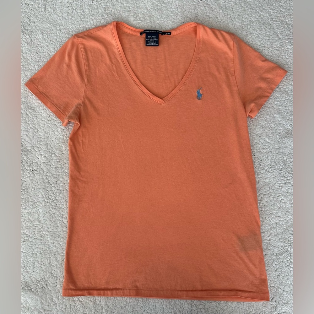 Ralph Lauren Sport Orange V-Neck Logo Short Sleeved Tee Shirt Women’s Medium